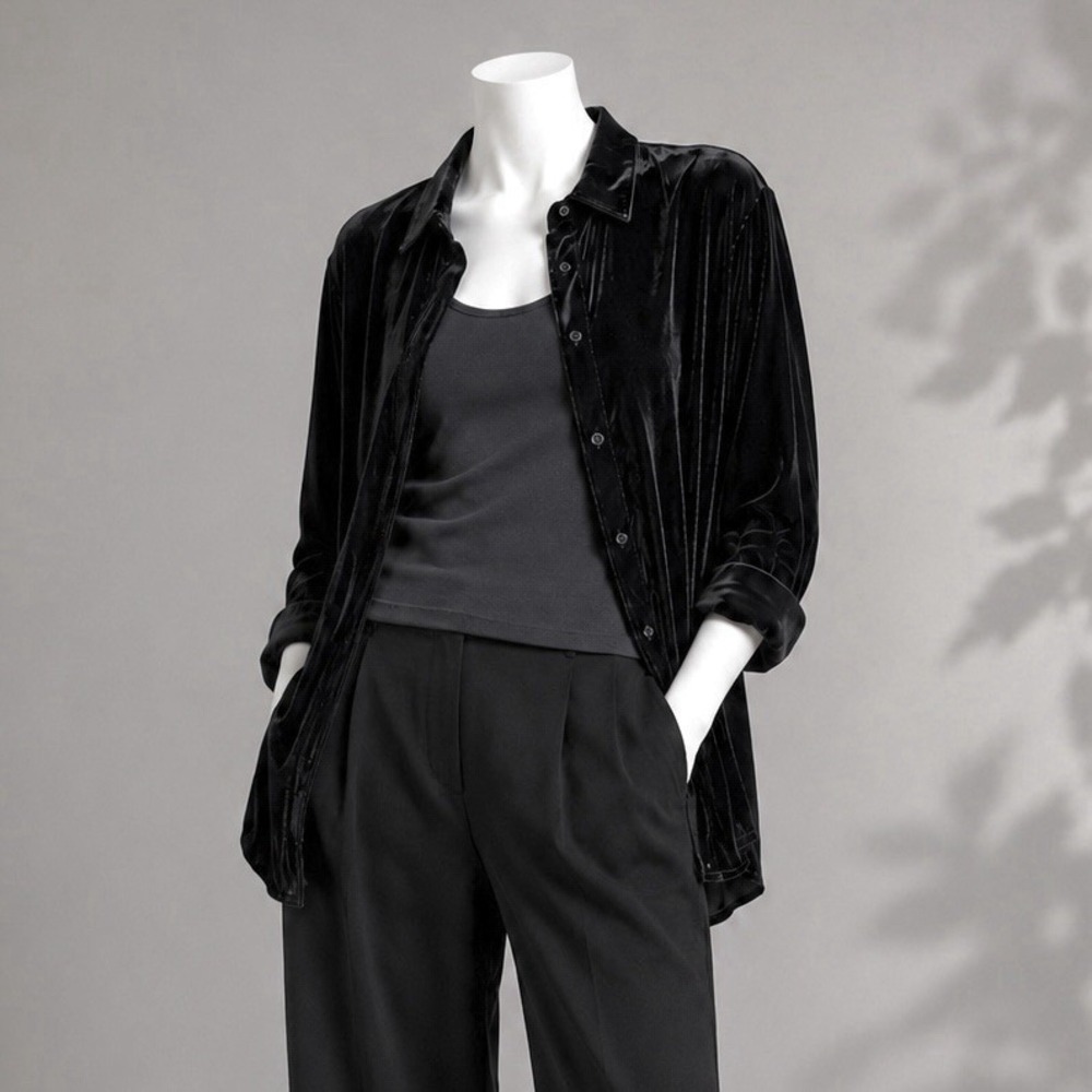 Eileen Fisher Black Silk Velvet Button Shirt XL Long Sleeve Minimalist Top